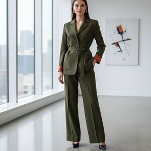 Vintage CHAUS Olive Green Belted Blazer Pant Suit 10 Career Office Tailored